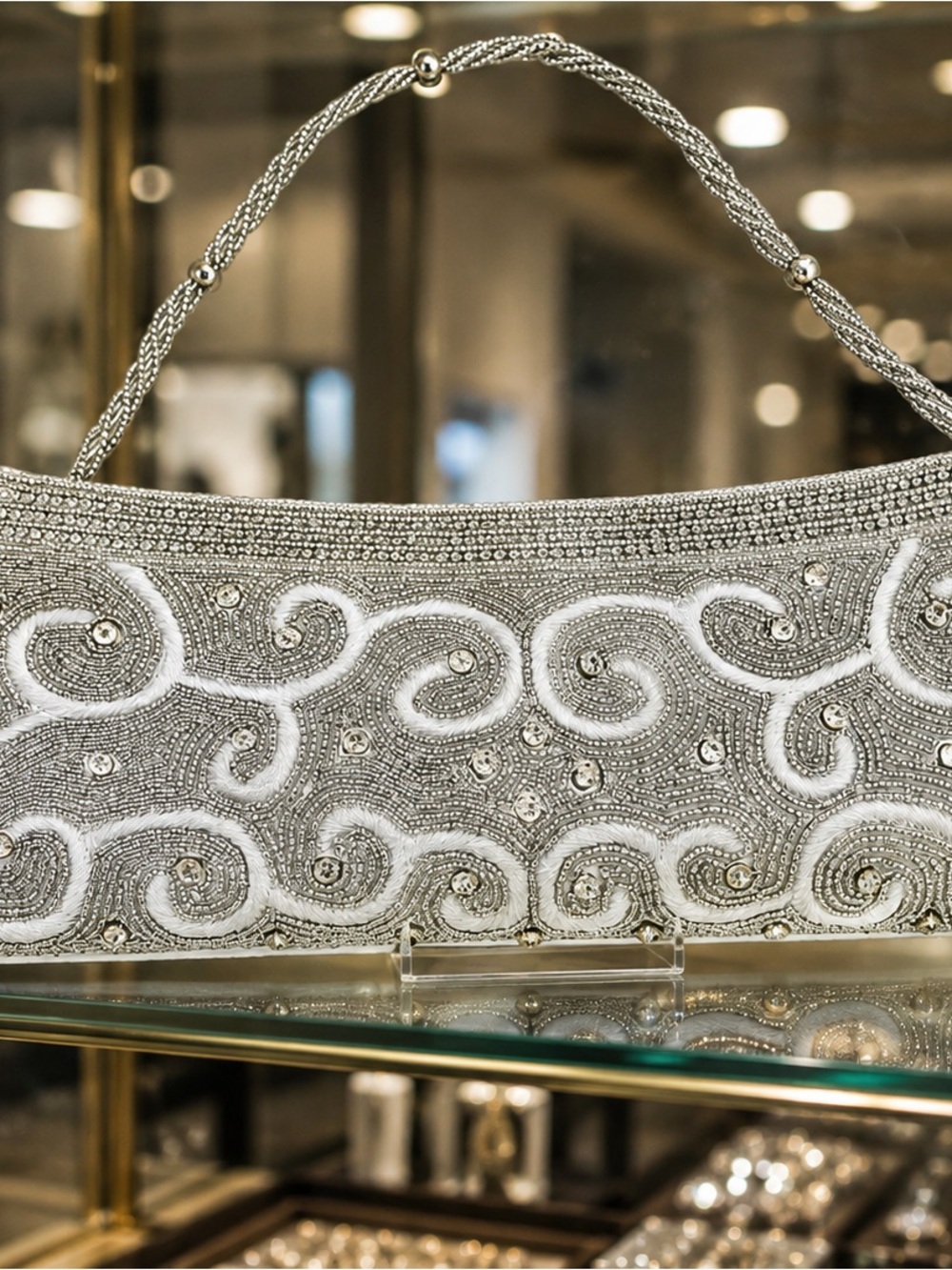 Vintage Handmade Beaded Evening Clutch Silver Satin Lined Art Deco Glam